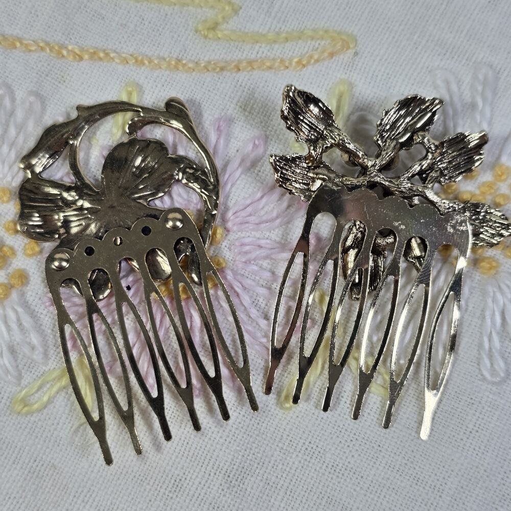 Vintage Gold Tone Floral Hair Combs Faux Pearl Leaf Flower Bridal Lot of 2 - Picture 2 of 5